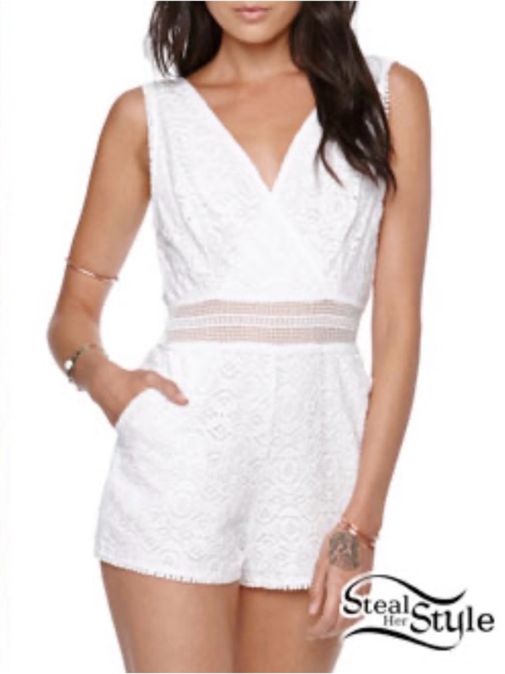Kendall & Kylie White Lace V-Neck Romper with Crochet Trim